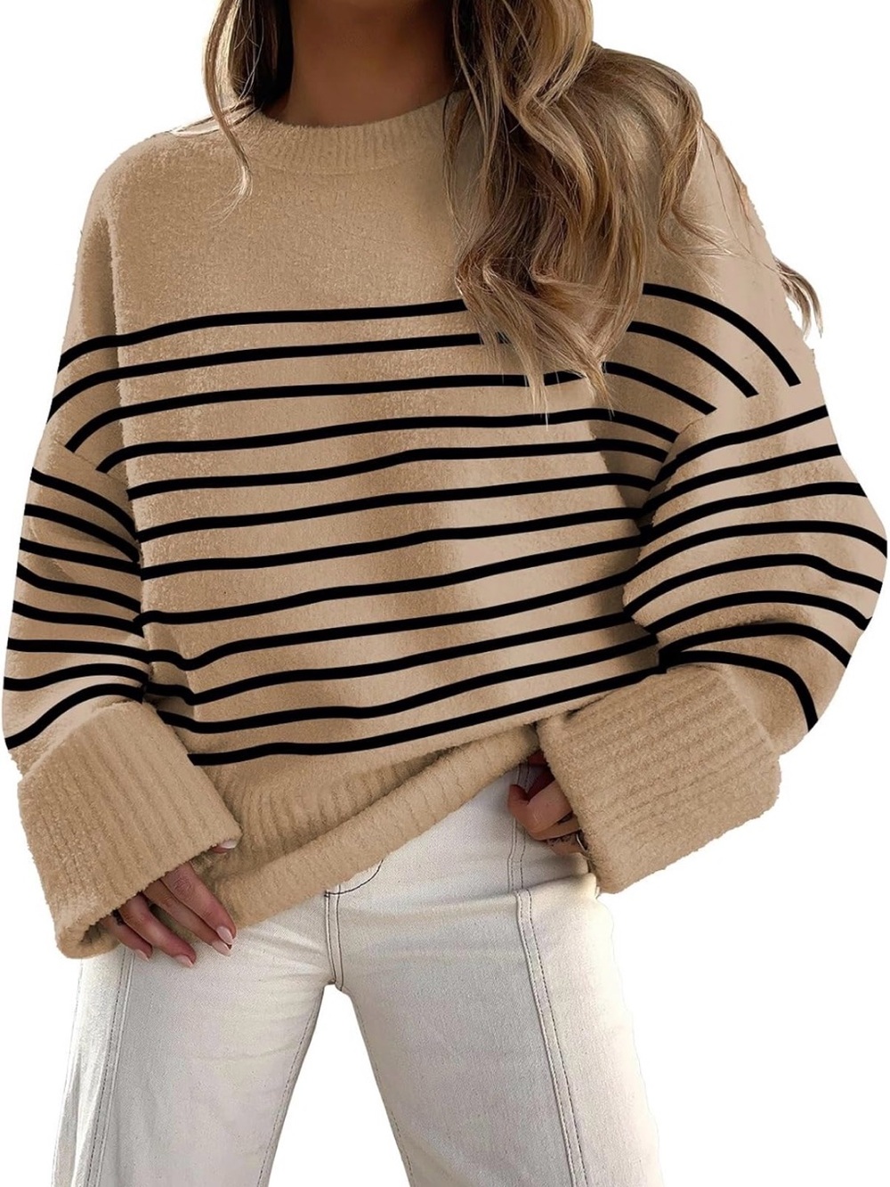 Anrabess Cozy Striped Knit Sweater - Beige